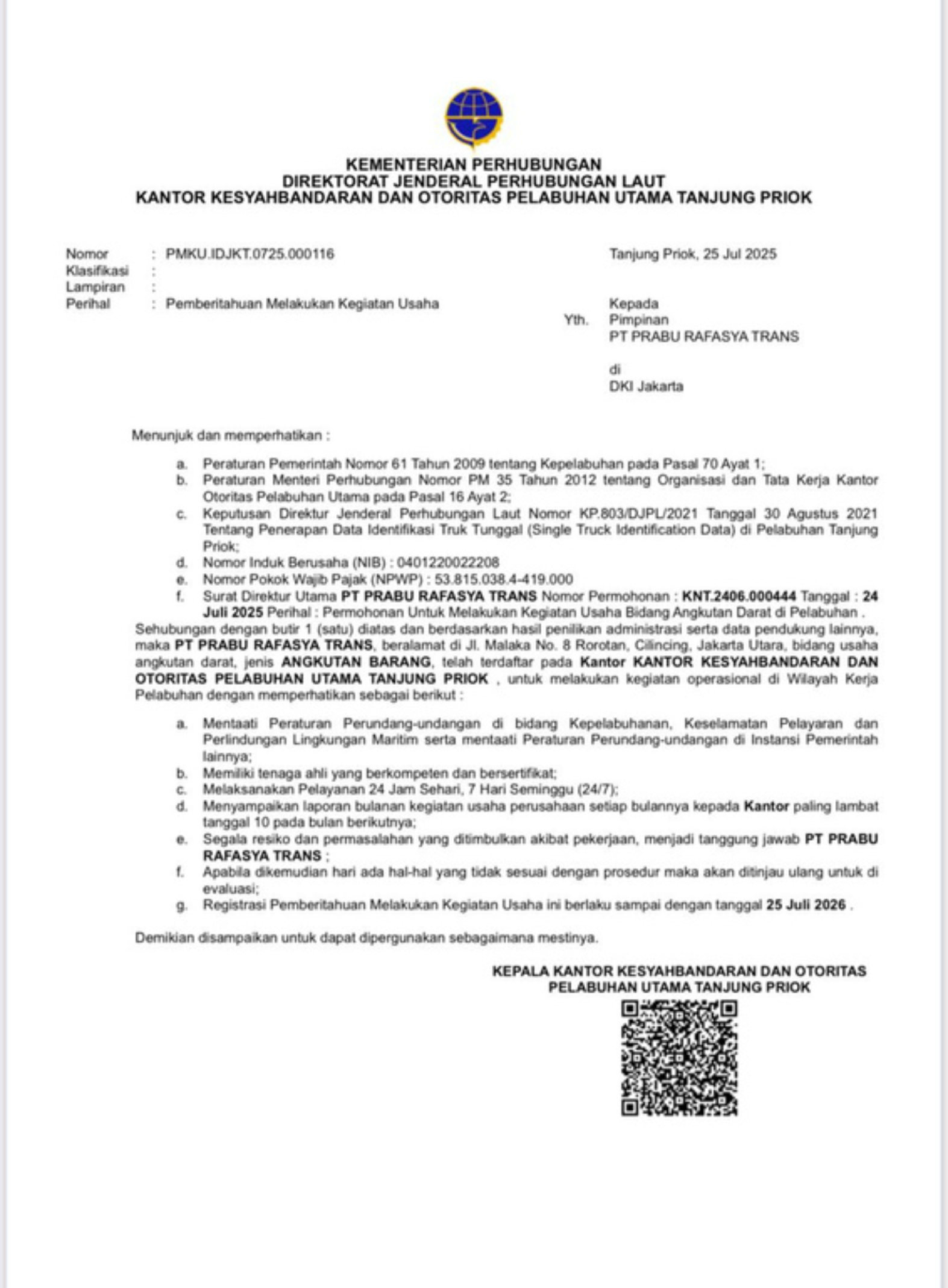 SIUP - Surat Izin Usaha Perdagangan PT. Prabu Rafasya Trans